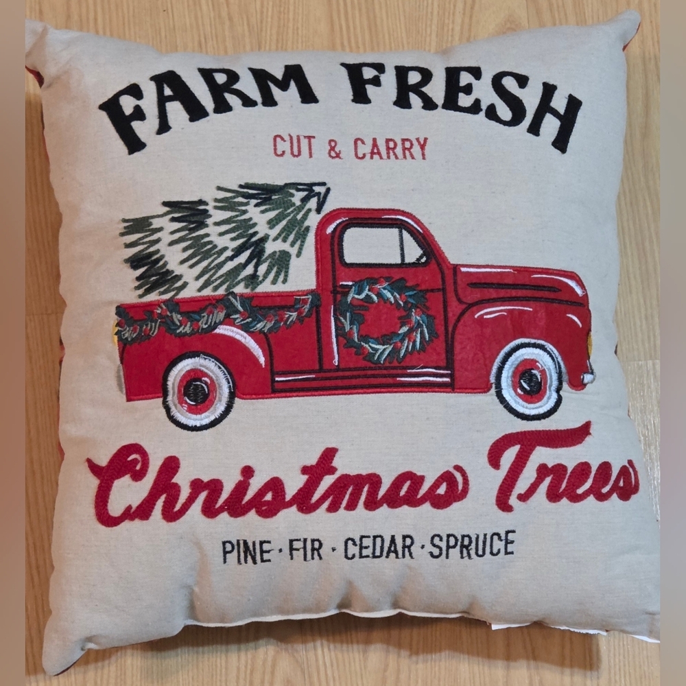 Farm Fresh Red Truck Christmas Pillow Made of Cotton 18x18